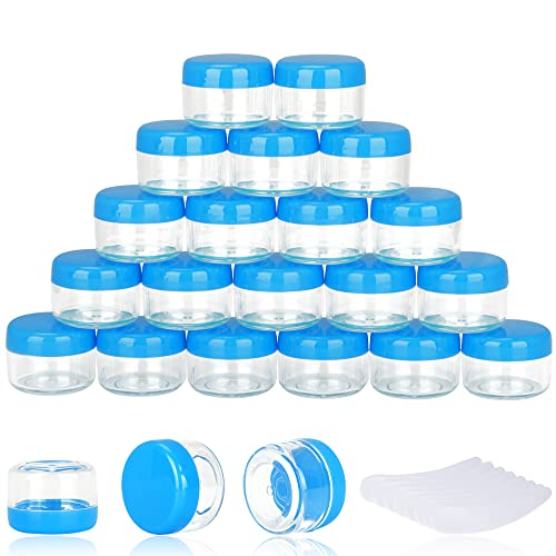100PCS 5 Gram Sample Containers, 5ml Empty Jars with Lids, Small Cosmetic Containers, Mini Sample Jars with 8PCS Mini Spatulas for Make Up, Oils, Lotion, Powder, Paint, Jewelry, Lip Balms(Blue Lid) - color: Blue, size: 100 Count