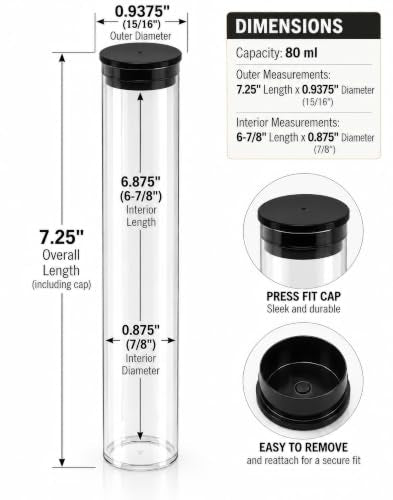 Prestige Import Group - 7/8" Interior Diameter Clear Plastic Empty Storage Tubes - Flat Bottom - 80ml Capacity, Press Fit Black Cap - 25 Pack - size: Pack of 25