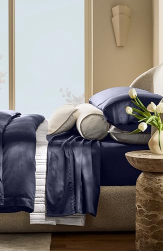 BOLL & BRANCH Percale Hemmed Sheet Set - Cooling Breathable Bed Sheets for Hot Sleepers - Split King, Coastal Navy - Luxury 100% Organic Cotton - 1 Flat, 2 Fitted, 2 Pillowcases - color: Coastal Navy, size: Split King