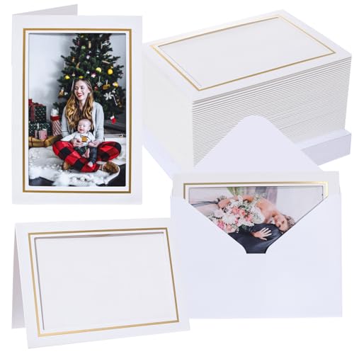 50 Sets Photo Frame Cards with Envelopes 4x6 Paper Picture Frames Bulk - color: White with Gold Lining, size: 4X6