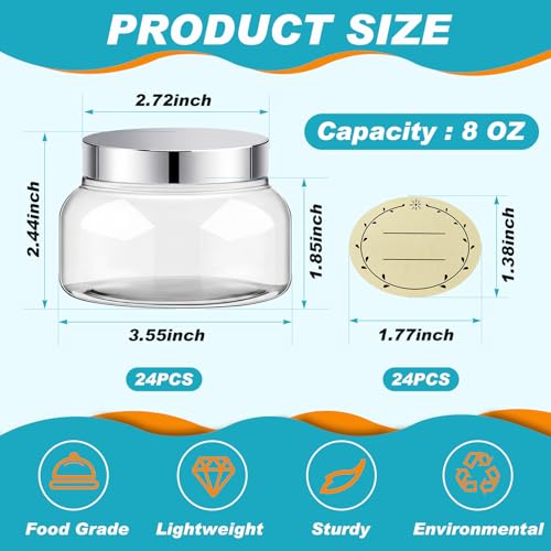 24 Pack Plastic Cosmetic Jars with Lids Label, 8 oz, Clear,Silver - color: Clear,Silver, size: 8 oz