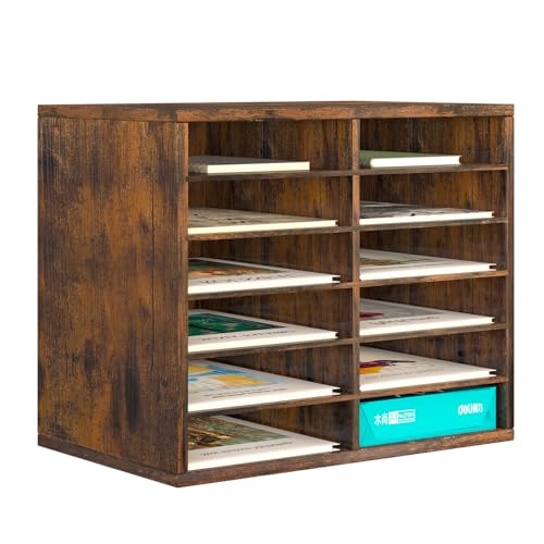 PAG-Mass Countertop Mail Sorter Organizer, Wooden Literature Organizer, Student Mailbox for Classroom, Desktop Bill Organizer for Office Home School, 12 Compartments, Antique Brown - color: Antique Brown, size: 12(6x2) Compartments