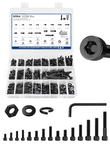 1220PCS Metric Bolt Assortment Kit, M3 M4 M5 M6 Head Cap Socket Cap Screws with Hex Nuts, Flat & Spring Lock Washers, 12.9 Grade Alloy Steel Black Oxide Allen Hex Keys, 3D Printing Electronics Repair - size: M3M4M5M6 1220pcs