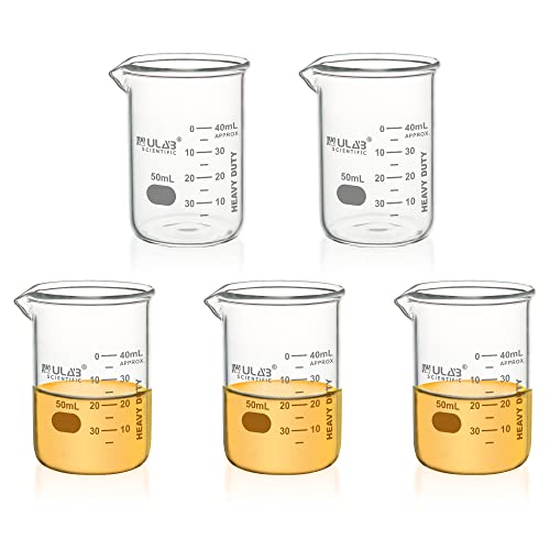 ULAB Heavy Duty Glass Beakers, 5pcs of Vol.50ml(1.7oz), Borosilicate 3.3 Glass, Thick Wall Beakers, with Double Scale, Superior Durability & Chemical Resistance, UBG1068 - style: 5pcs of Vol.50ml