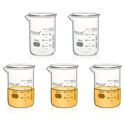 ULAB Heavy Duty Glass Beakers, 5pcs of Vol.50ml(1.7oz), Borosilicate 3.3 Glass, Thick Wall Beakers, with Double Scale, Superior Durability & Chemical Resistance, UBG1068 - style: 5pcs of Vol.50ml