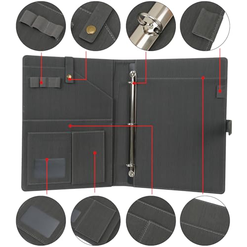 Wonderpool A4 PU Leather Portfolio Holder Ring File Document Case with Removable Binder Clipboard, Multi Pocket and Legal Pad for Business Organizer Interview and Meeting (Gray) - color: Gray