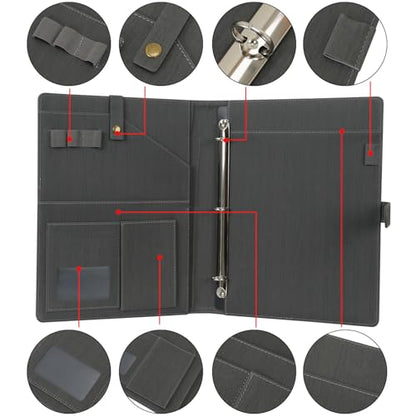 Wonderpool A4 PU Leather Portfolio Holder Ring File Document Case with Removable Binder Clipboard, Multi Pocket and Legal Pad for Business Organizer Interview and Meeting (Gray) - color: Gray