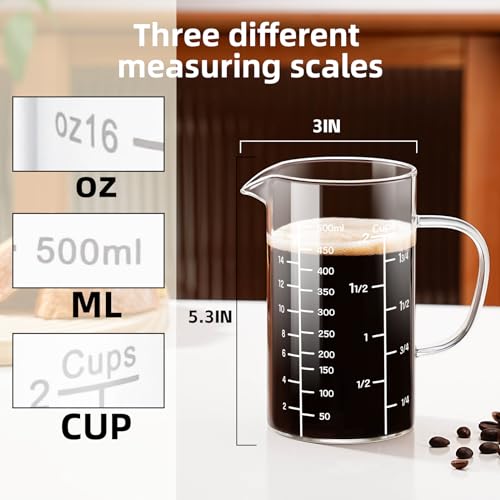 PARACITY 2 Cup Glass Measuring Cup, Liquid Measuring Cups with three Scale and V-Shaped Mouth, Glass Coffee Cups with Handle, Glass Beaker for Kitchen or Restaurant 500 ML (Pack of 2) - size: 500ml (Pack of 2)