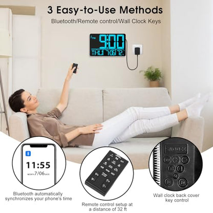 13" Bluetooth Auto Sync Wall Clock - Large Digital Alarm Clock with Remote - style: Blue Numbers