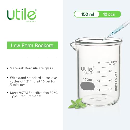 Utile 150ml Beaker Set, 12pcs of 5.1oz Upgraded Thickening Grass Beakers, Low Form Chemical Lab Beakers, Borosilicate 3.3 Glass with Printed Graduation, 4000.0150.12 - style: 150 ml (12pcs)
