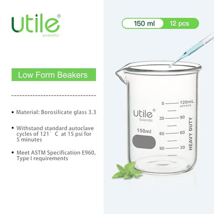 Utile 150ml Beaker Set, 12pcs of 5.1oz Upgraded Thickening Grass Beakers, Low Form Chemical Lab Beakers, Borosilicate 3.3 Glass with Printed Graduation, 4000.0150.12 - style: 150 ml (12pcs)