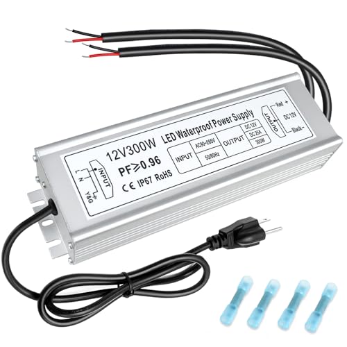 inShareplus 12V Power Supply, 300W LED Driver, AC 90-265V to DC 12 Volt 25A Converter, IP67 Waterproof Low Voltage Transformer with Standard U.S. 3-Prong Plug for LED Lights and Other 12V Products - style: Silver 12V 300W