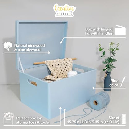 Creative Deco Large Blue Wooden Box Storage with Hinged Lid - color: Blue, size: XXL | Handles