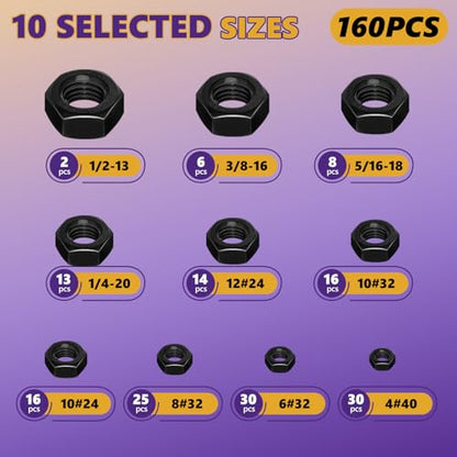160Pcs SAE Hex Nut Assortment Kit - #4-40, #6-32, #8-32, #10-24, #10-32, #12-24, 1/4“-20, 5/16”-18,3/8“-16,1/2”-13-304 Stainless Steel Black Oxide Hardware Nuts Sets for Electronics, Mechanics & DIY - size: 160Pcs SAE Mixed Sizes Black