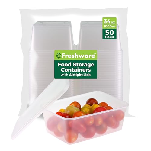 Freshware Food Storage Containers [50 Set] 34 oz Plastic Deli Containers with Lids, Slime, Soup, Meal Prep Containers, BPA Free, Stackable, Leakproof, Microwave, Dishwasher and Freezer Safe - size: 34 oz - 50-Set