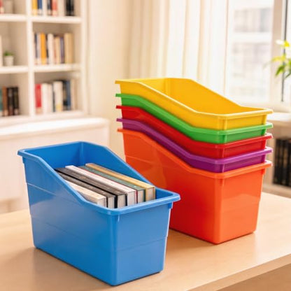 12 Pack Book Bins for Classroom Stackable Plastic Storage with Labels - color: Rainbow