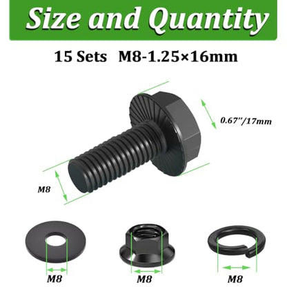 15 Set M8-1.25 x 16mm Flanged Hex Head Bolts,Flange Nuts,Flat & Lock Washers,10.9 Black Zinc Plated,Full Thread, Alloy Steel - color: Black-flange, size: M8-1.25x16mm(15 sets)