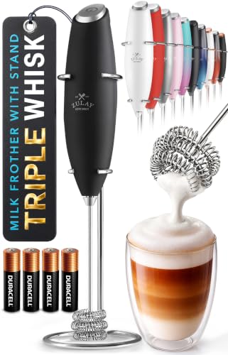 Zulay Kitchen Powerful Milk Frother Wand With Duracell Batteries - Ultra Fast Handheld Drink Mixer - Electric Whisk Foam Maker for Coffee, Lattes, Cappuccino & Matcha - Triple Whisk - Quartz Obsidian - color: 04 - Metallic Black, size: Triple Whisk + Batt