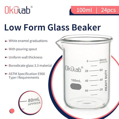 Beaker, Glass Beaker Set, Low Form 100ml Beakers, Graduated 3.3 Borosilicate Glass Beakers for Lab, Classroom, Craft, Kitchen, 24pcs, BKLG100A24 - style: Vol.100ml, Case of 24