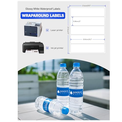 8.2"×2" 100Pcs Water Bottle Label Glossy White Customizable Waterproof Labels Printable Blank Wraparound Rectangle Labels for Laser and Pigment-Inkjet Printers - size: (8.2"×2" (5-up) 100Pcs)