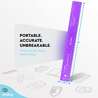 Flexible Ruler Purple, 12 in (30 cm) Soft Plastic Shatter Resistant Straight Edge Ruler, Bendable Kids & Adults Ruler w/Inches & Metrics Also Available in Pink, Blue, Red, Grey, Green, 1 Pc –By Enday - color: Purple
