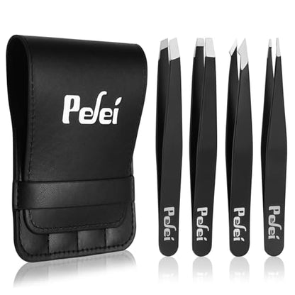 Pefei Tweezers Set - Professional Stainless Steel Tweezers for Eyebrows - Great Precision for Facial Hair, Splinter and Ingrown Hair Removal (Black) - size: 4 Piece set