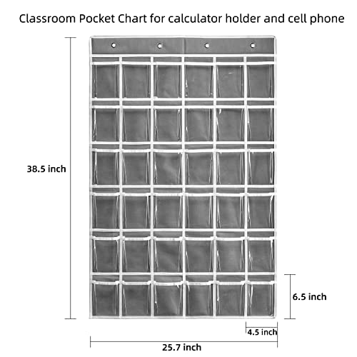 SAVERHO 36 Clear Pockets Classroom Pocket Chart for Cell Phones and Calculator Holder, Pocket Chart for Classroom Phone Holder with Number Stickers and Hooks (Grey) - color: Grey-1pack of 36pockets