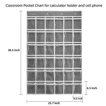 SAVERHO 36 Clear Pockets Classroom Pocket Chart for Cell Phones and Calculator Holder, Pocket Chart for Classroom Phone Holder with Number Stickers and Hooks (Grey) - color: Grey-1pack of 36pockets