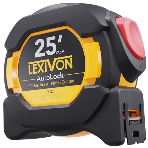 LEXIVON 25Ft/7.5m AutoLock Tape Measure | 1-Inch Wide Blade with Nylon Coating, Matte Finish White & Yellow Dual Sided Rule Print | Ft/Inch/Fractions/Metric (LX-205) - size: 25 ft 1-Pack