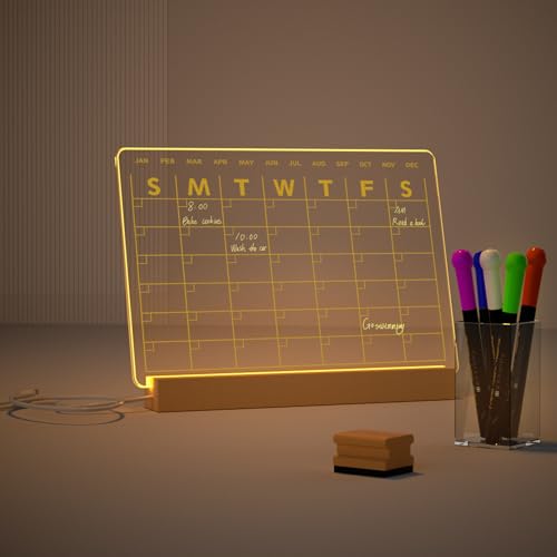 Light Up Clear Dry Erase Calendar 13 x 9 inch with 5 Markers, Acrylic Lighting Markable Calendar Board Agenda for Bedroom/Office/Home/Kitchen - style: Calendar