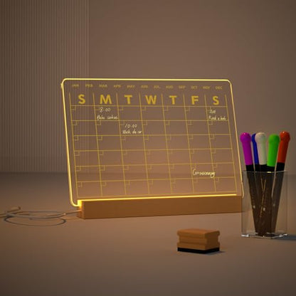 Light Up Clear Dry Erase Calendar 13 x 9 inch with 5 Markers, Acrylic Lighting Markable Calendar Board Agenda for Bedroom/Office/Home/Kitchen - style: Calendar