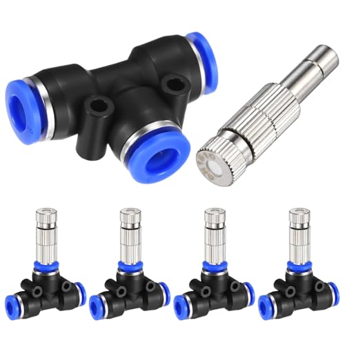 M METERXITY 5-Set Brass Misting Nozzles Tees Kit, 0.006"/0.15mm Orifice Mister Replacement Nozzles with Filter Mesh for Outdoor Cooling System/Greenhouse, 1/4" Water Misting Nozzle Tees Kits - size: 0.006"/0.15mm