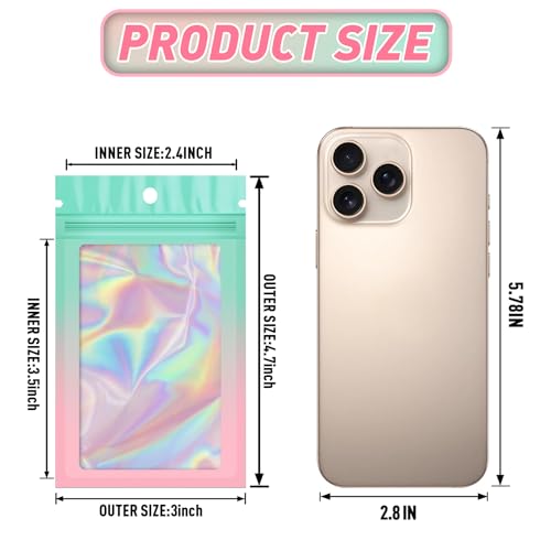 Funfery 100 Pack Gradient Holographic Bags,Mylar Resealable Bags with Zipper,Clear Window Packaging Pouchs,Smell Proof Foil Bag for Food Storage,Sample Jewelry Baggies(3×4.7In,Green Pink) - color: Green Pink, size: 3x4.7 Inch