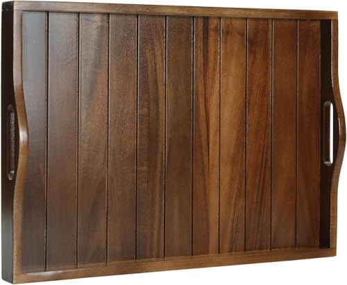 Joy&Grace Large Acacia Wooden Serving Tray with Handles 20 x 14 inch Decorative Coffee Table Ottoman Tray for Living Room Extra Large for Kitchen Dinner Food Bar Breakfast in Bed (Dark Brown) - color: Dark Brown