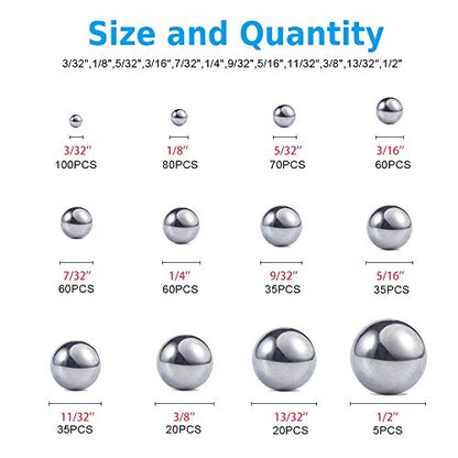 580 Pcs 12 Size Precision 304 Stainless Steel Bearing Steel Ball Assortment 3/32” 1/8" 5/32" 3/16" 7/32" 1/4" 9/32” 5/16” 11/32” 3/8” 13/32” and 1/2'' with Storage Box - size: 0.094-0.500" (12 Sizes)
