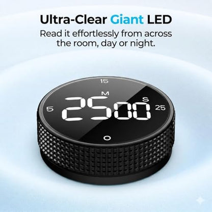 Digital Magnetic Kitchen Timer for Cooking, Large LED Countdown Timer, Rotating Pomodoro Timer, Volume Adjustable, 5/15/25 Min Presets for Kitchen Classroom Grilling Studying - color: Black