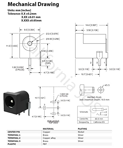 California JOS Breadboard-Friendly 2.1mm PCB Mounting Female DC Power Barrel Jack (10PCS DC Power Jack+10 PCS 9V Battery Clip)