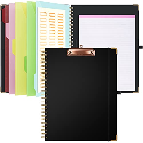 Ospelelf Clipboard with Storage 8.5 X 11，Padfolio Organizer, Spiral Portfolio Letter Size with Notepad, Pen Holder, 5 Extra Folder Divider Pages, Elastic Closure Nurse Office Essentials (Black) - color: Black