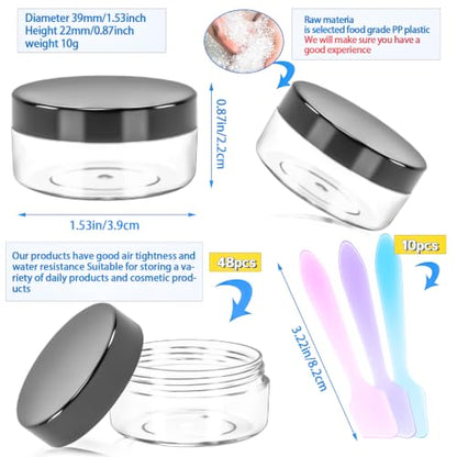 48PCS 10g Empty Clear Containers with Lids,Refillable Makeup Sample Containers, Small Sample Pot Jars Travel Makeup Container with Mini Spatulas for Liquid Powder Creams Lotions,Black Lid - color: Black, size: 10g