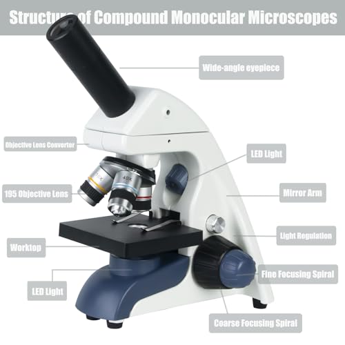 Professional Compound Monocular Microscopes for Adults, Kids 8-12 & Students | 40X-2000X Magnification Lab & Home Microscope with Phone Holder, Complete Slides Set
