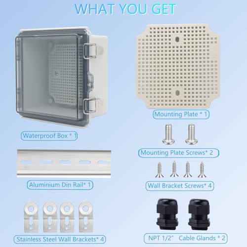 Waterproof Junction Box, ABS Plastic Electrical Box with Stainless Steel Latch, Hinged Cover Electric Project Enclosure Box with Mounting Plate, Wall Brackets & Cable Gland 5.9"x5.9"x3.5" - color: Clear, size: 5.9"x5.9"x3.5"