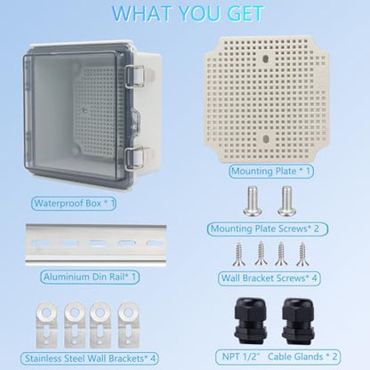 Waterproof Junction Box, ABS Plastic Electrical Box with Stainless Steel Latch, Hinged Cover Electric Project Enclosure Box with Mounting Plate, Wall Brackets & Cable Gland 5.9"x5.9"x3.5" - color: Clear, size: 5.9"x5.9"x3.5"