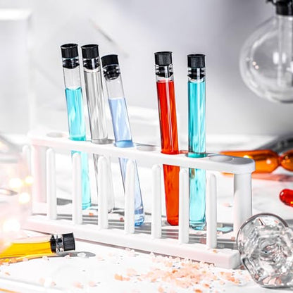 2 Sets Test Tubes with Rack, 16 Pcs Clear Plastic Test Tubes with Caps and 2 Pcs 8 Holes Holder Rack with 8 Drying Pins Stand for Scientific Experiment Nurse Party Favors