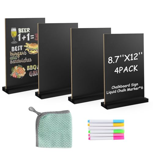 EHWINE Chalkboard Easel Sign Set, 4 Pack 8.7 x 12 Inch Double-Sided Wooden Boards with Acrylic Base, Chalk Markers Included, for Wedding, Restaurant, Tabletop Menu Display, Party and Event Decor - style: 4 Pack 8.7 x 12 Inch