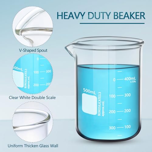 Heavy Duty 500ML Glass Beaker, White Double Scale Graduation, Borosilicate 3.3 Glass, Low Form Griffin Lab Measuring Beaker, 1 Each (500ML) - size: 500ML
