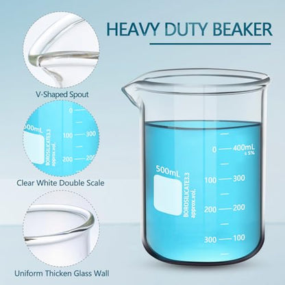 Heavy Duty 500ML Glass Beaker, White Double Scale Graduation, Borosilicate 3.3 Glass, Low Form Griffin Lab Measuring Beaker, 1 Each (500ML) - size: 500ML