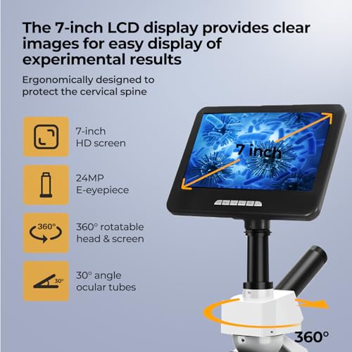 [24MP Smart Monitor] Vabiooth Dual-View Compound Microscope 40X-2500X Magnification with 7" Monitor Free Software-One Click Capturing Images & Video, Measuring Lengths, Wide-Field Eyepieces - style: 24MP Smart Monitor