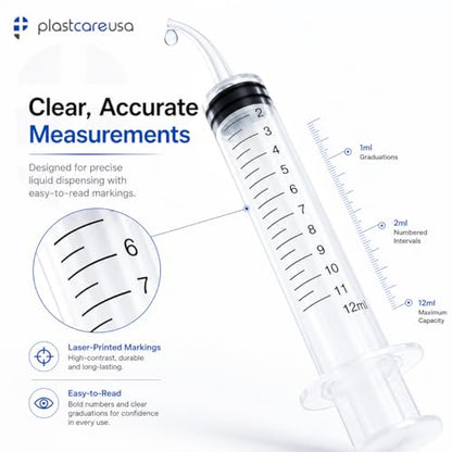 10 Disposable Curved Tip 12ml Dental Oral Dispensing 12cc Syringes (with Measurements) for Dental, Pets, Liquid