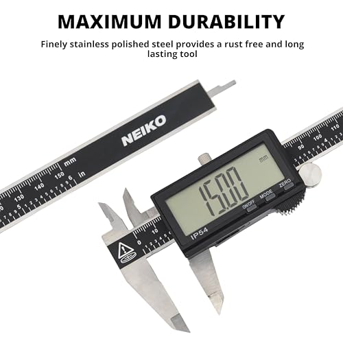 NEIKO 01401A 6-Inch Electronic Digital Caliper, Stainless Steel, Extra Large LCD Screen, Measurement Conversions for Inches, Millimeters, and Fractions - size: 6 Inch, XL Screen, style: Stainless Steel