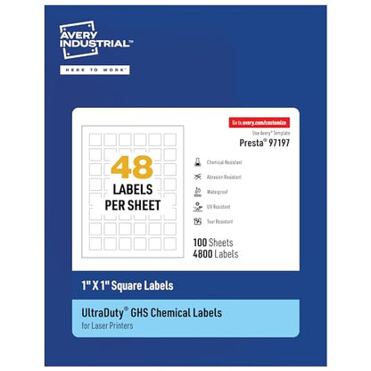Avery® UltraDuty® GHS Labels, Waterproof, 1 X 1" White Square Labels , 4800 Total, Use with Laser Printers - size: 1" X 1", style: 4,800 labels